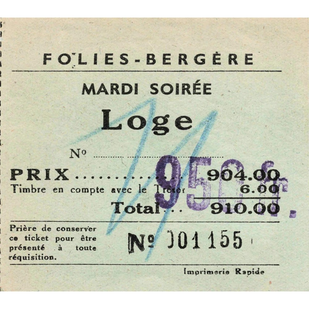 Vintage Folies Bergere Paris Ticket Loge Mardi Soiree No 001155